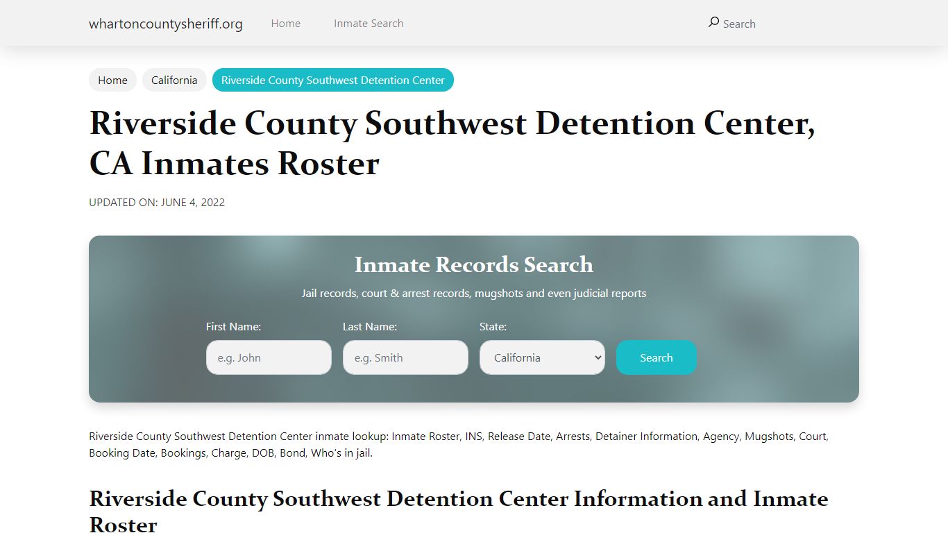 Riverside County Southwest Detention Center, CA Jail ...